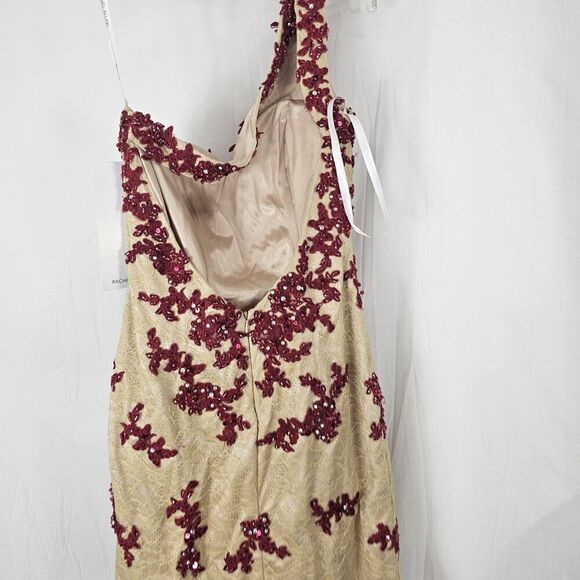 Rachel Allan Formal Dress One Shoulder Wine Latte Beaded Short Prom Evening Sz 4 - Picture 7 of 8